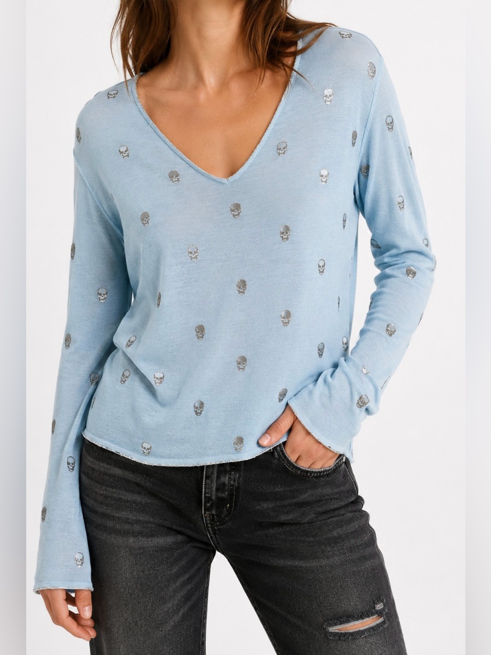 Free for Humanity Skull Print V Neck Top Blue Metallic Y2K Size 8 Made Italy